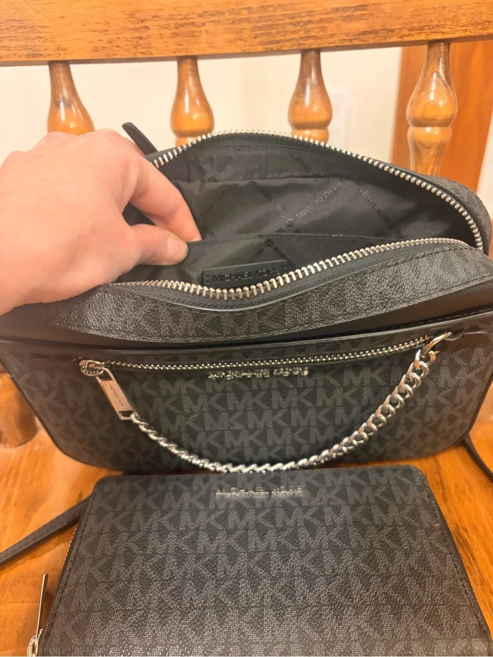 Michael Kors Black Logo Belt Bag with Silver Chain Accent